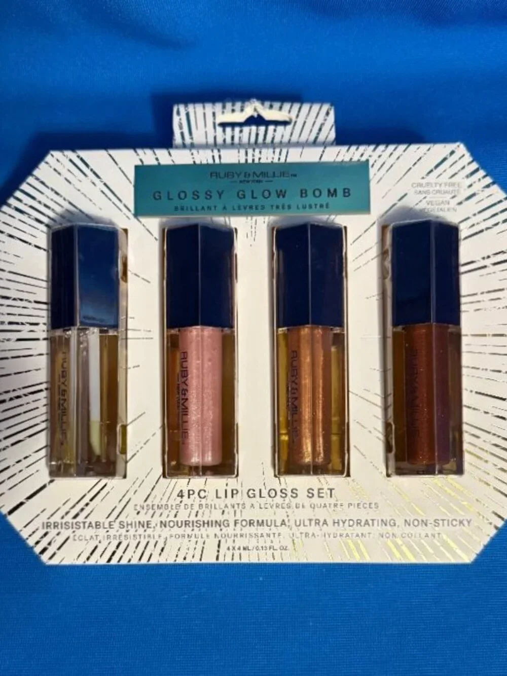 NEW RUBY & MILLIE NEW YORK 4 PK GLOSSY GLOW BOMB NOURISHING SHINE LIP GLOSS SET
